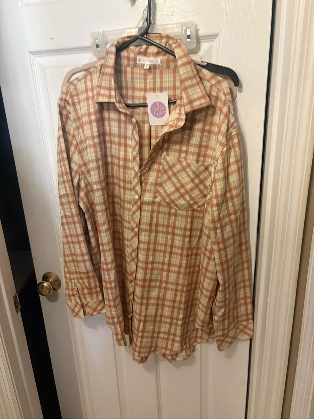 Boutique 9 Cream and Rust Plaid Button-Up Shirt